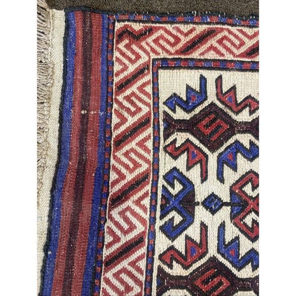 Vintage Afghan Flat weave Woven Wool Nomadic Rug Red Blue Geometric 55” x 29” - Picture 5 of 15
